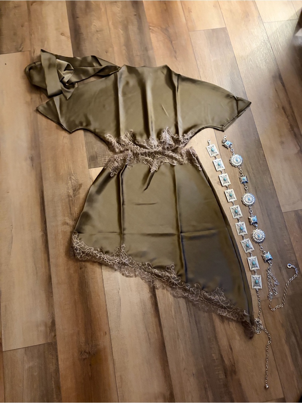 Olive Green Lace-Trim Satin Chemise Nightdress - Picture 2 of 7